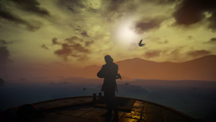 HD PC desktop wallpaper from the video game The Witcher 3: Wild Hunt, showing a silhouetted character standing on a platform under a cloudy, sunlit sky with a bird flying nearby.