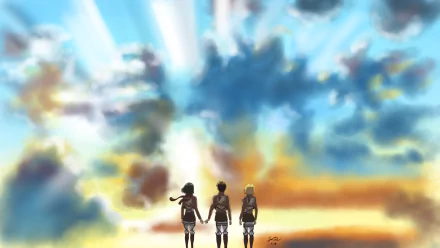 HD desktop wallpaper of Mikasa Ackerman, Armin Arlert, and Eren Yeager from Attack on Titan: Wings of Freedom, standing hand in hand against a dramatic, colorful sky background.