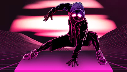 4K Ultra HD Spider-Man: Into The Spider-Verse wallpaper featuring Spider-Man in a dynamic pose with glowing eyes against a neon-lit, futuristic background.