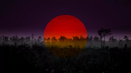 A surreal 4K Ultra HD desktop wallpaper featuring a dark forest silhouette with a large, vibrant red sun manipulated into the twilight sky.