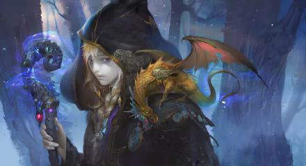 HD fantasy PC wallpaper of a blonde sorceress in a hood holding a staff, accompanied by a small dragon perched on her shoulder in a mystical forest setting.