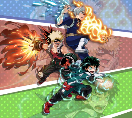 HD desktop wallpaper featuring Shoto Todoroki, Katsuki Bakugou, and Izuku Midoriya from the anime My Hero Academia in dynamic action poses.