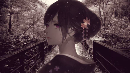 HD anime original artwork of a serene young woman with dark hair and pink flowers, set against a softly lit forest background, designed as a PC desktop wallpaper.
