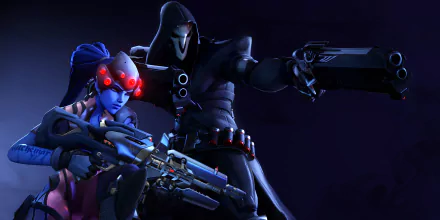 HD PC desktop wallpaper featuring Reaper and Widowmaker from the video game Overwatch, showcasing their iconic dark and tactical designs in a dramatic pose.