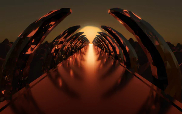 Abstract sci-fi scene with symmetrical, reflective arches converging toward a bright morning light, rendered in Blender 3D as a 4K Ultra HD desktop wallpaper.