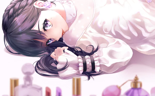Anime girl with purple eyes, black braided hair, and earrings, smiling while lying down. Lipsticks and perfume bottles are in the foreground. HD desktop wallpaper with bright, detailed artwork.