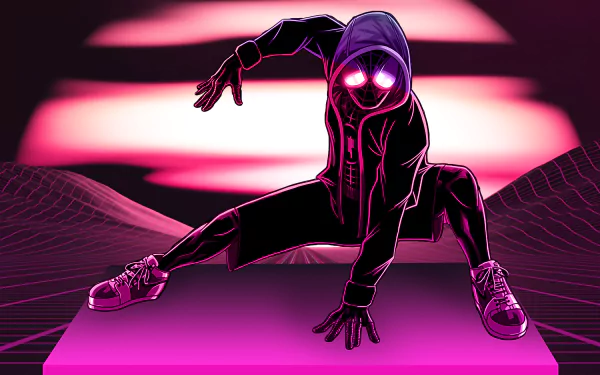 4K Ultra HD Spider-Man: Into The Spider-Verse wallpaper featuring Spider-Man in a dynamic pose with glowing eyes against a neon-lit, futuristic background.