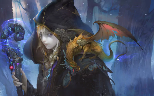 HD fantasy PC wallpaper of a blonde sorceress in a hood holding a staff, accompanied by a small dragon perched on her shoulder in a mystical forest setting.