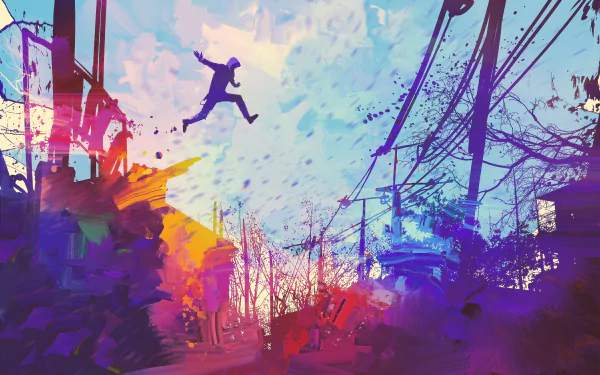 Artistic 4K Ultra HD PC desktop wallpaper: colorful urban scene with a silhouetted figure leaping between rooftops against a vibrant sunrise sky.