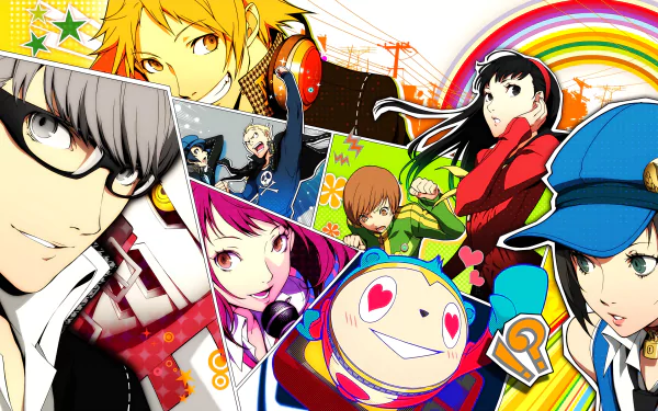 Colorful HD desktop wallpaper featuring characters from Persona 4 Golden: Teddie, Rise Kujikawa, Naoto Shirogane, Yukiko Amagi, Marie, Yu Narukami, Chie Satonaka, and Yousuke Hanamura.