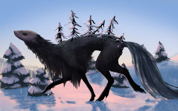 2K Quad HD PC desktop wallpaper and background: a dark, long-legged winter fantasy creature with tree-like growths along its back crossing a snowy pastel landscape.