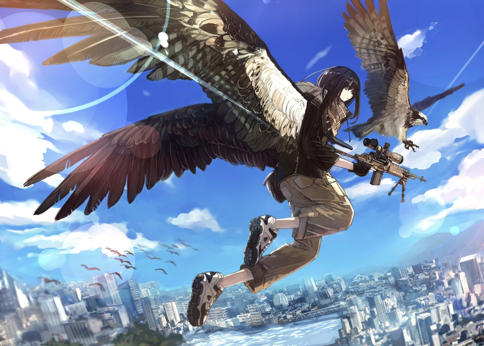 Anime-style character with brown eyes and short black hair, equipped with wings and a gun, flying over a detailed cityscape accompanied by a large bird.
