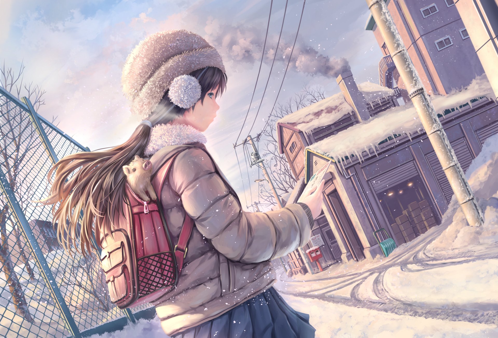 Anime-style HD desktop wallpaper of a girl with long black hair, blue eyes, wearing a hat and earmuffs, carrying a bag, walking in snowy streets with a pig nearby.