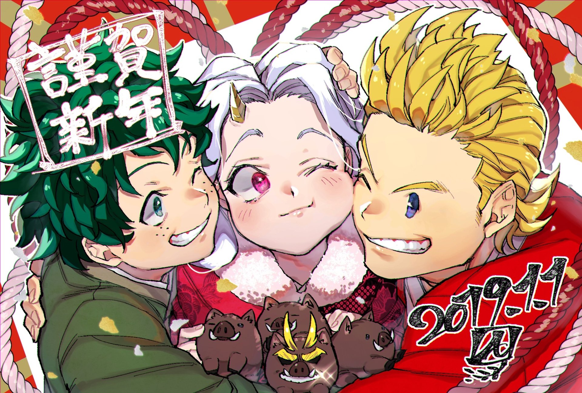 HD desktop wallpaper featuring Izuku Midoriya, Eri, and Mirio Togata from My Hero Academia, with festive background elements.