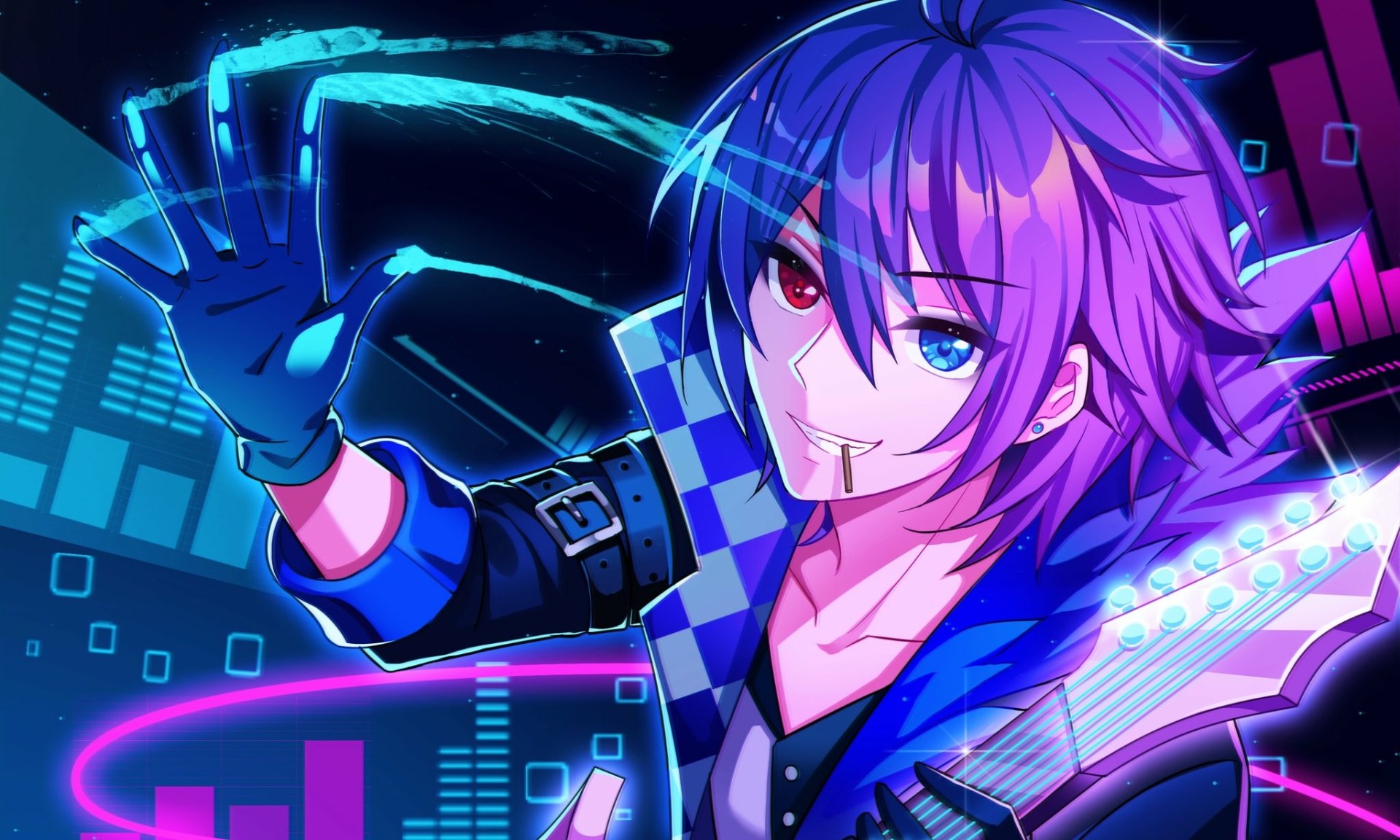 HD PC desktop wallpaper/background: anime Kaito (Vocaloid) with heterochromia—one red eye, one blue—grinning with guitar amid neon cyber-grid and musical visualizers.