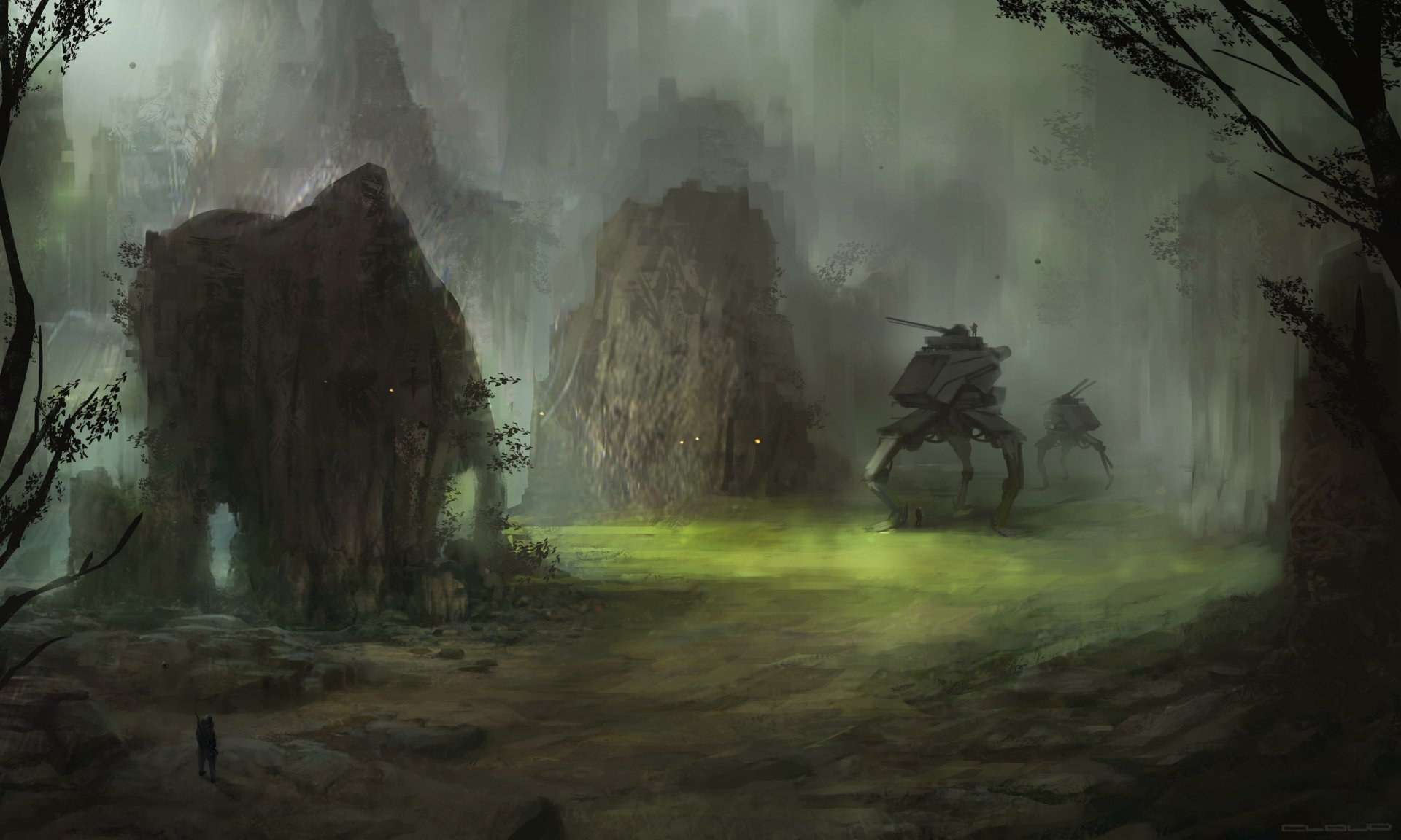 4K Ultra HD sci‑fi PC desktop wallpaper: misty alien swamp with towering organic pillars and a crablike robot walker approaching a small silhouetted figure.