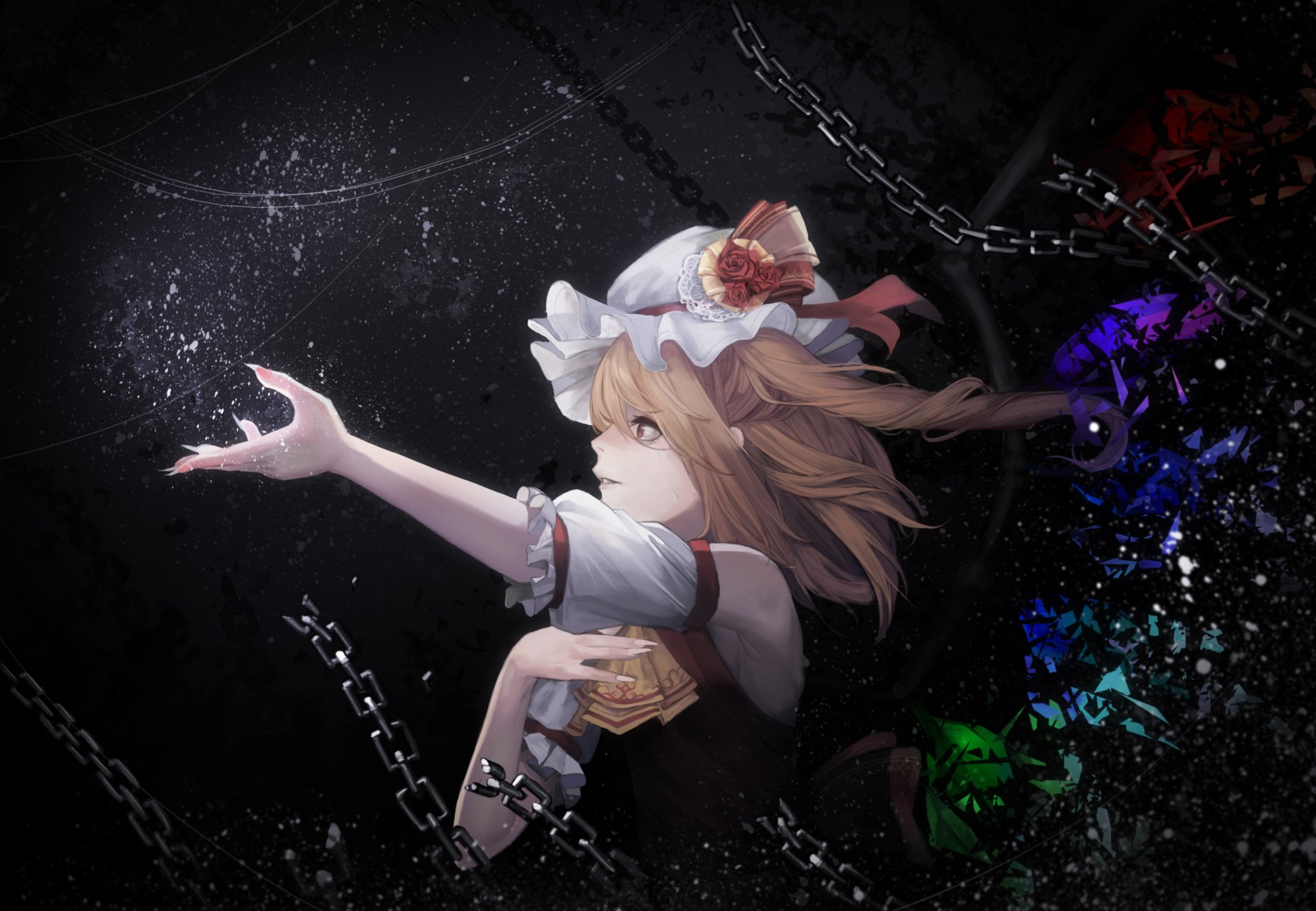 Flandre Scarlet (Touhou) anime 2K Quad HD PC desktop wallpaper and background — frilled-hat girl reaches out amid chains and scattered multicolored crystal shards on a dark backdrop.