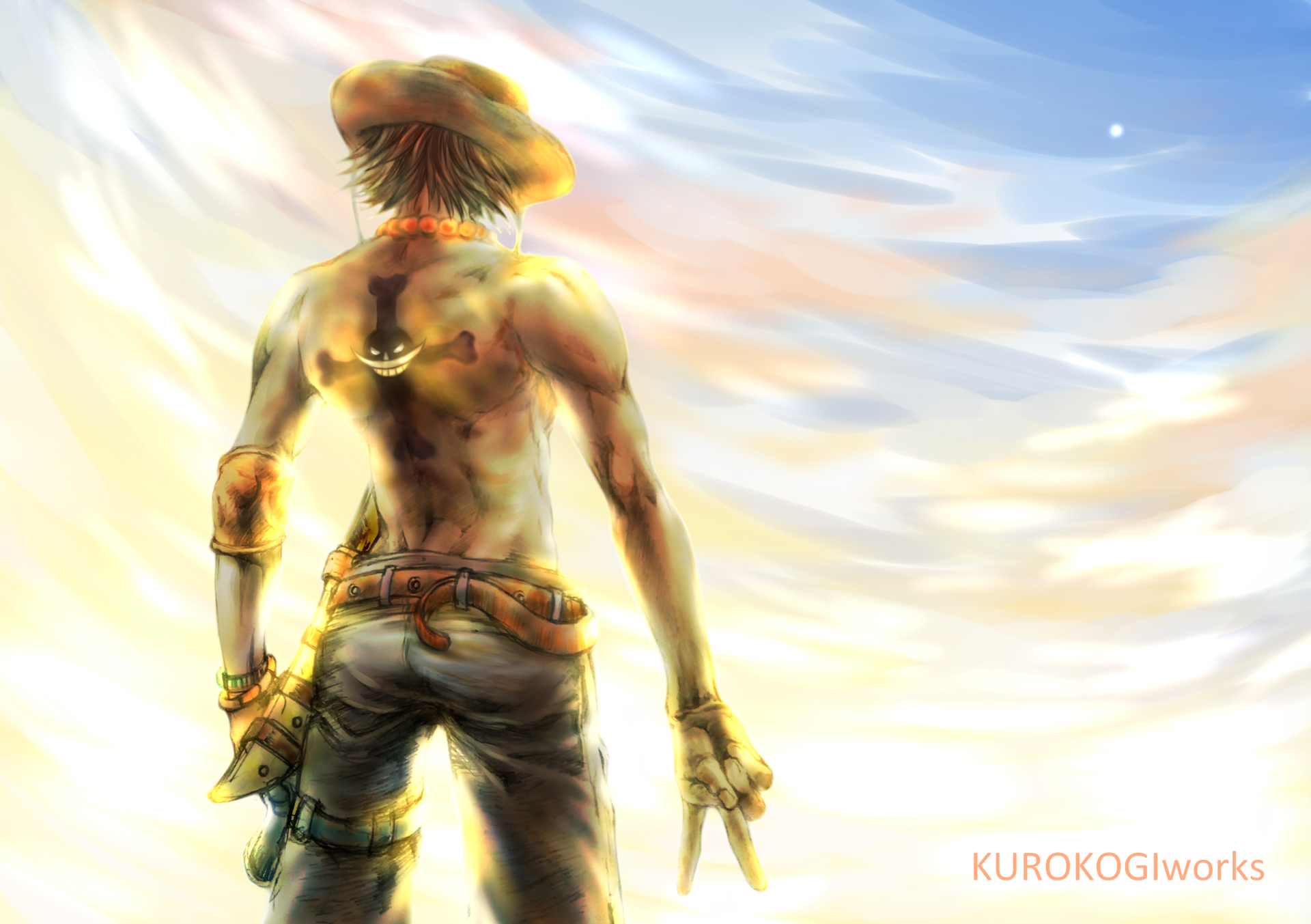HD wallpaper of Portgas D. Ace from the anime One Piece, showcasing him from the back against a vibrant sky.