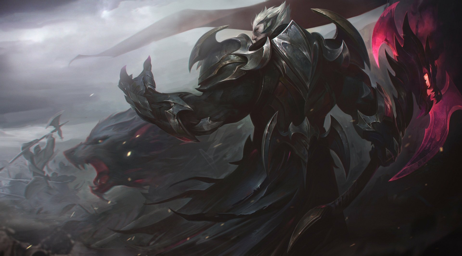 HD desktop wallpaper of Darius from the video game League of Legends, featuring an ominous and dark atmosphere with Darius wielding an axe, ready for battle.