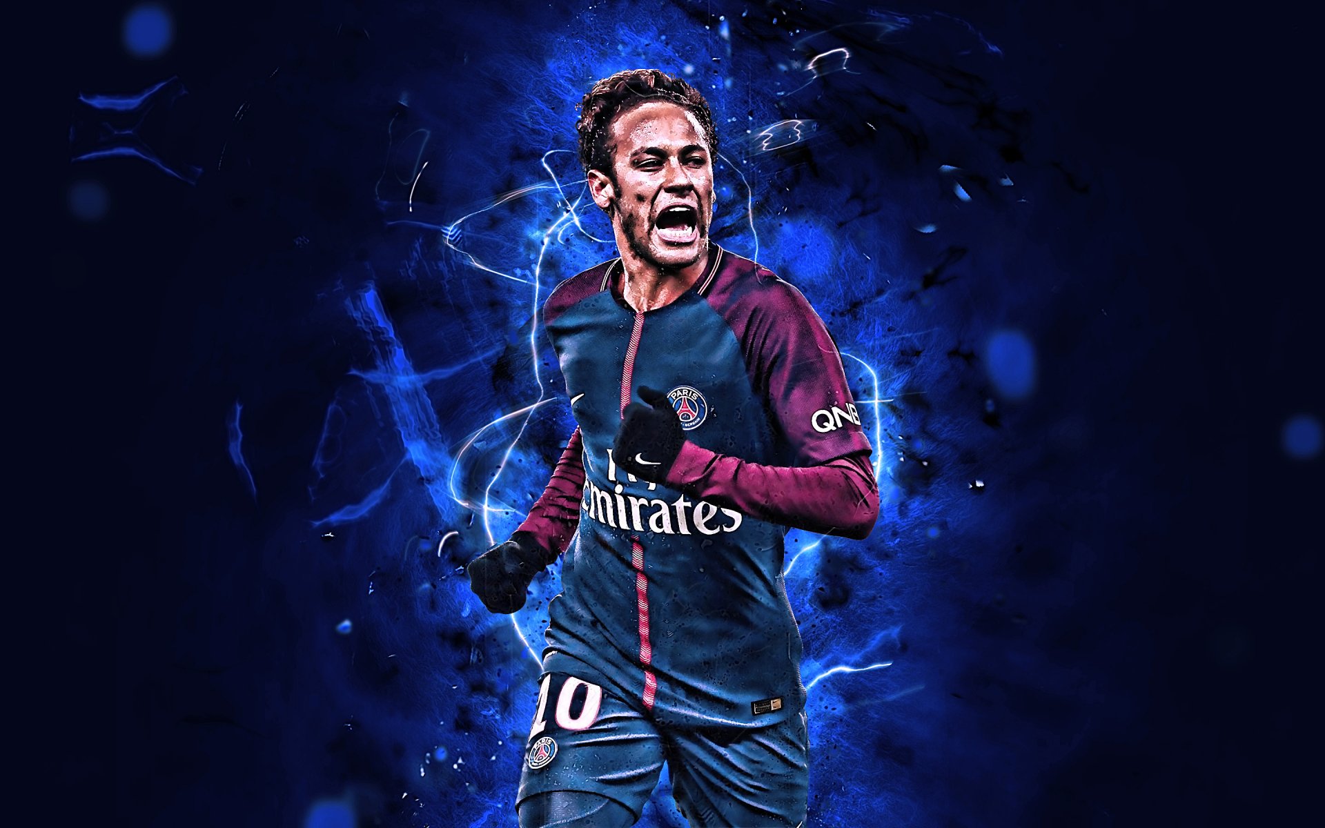 Neymar of Paris Saint-Germain F.C. in a Brazilian soccer HD desktop wallpaper, vibrant colors showcasing sports passion.
