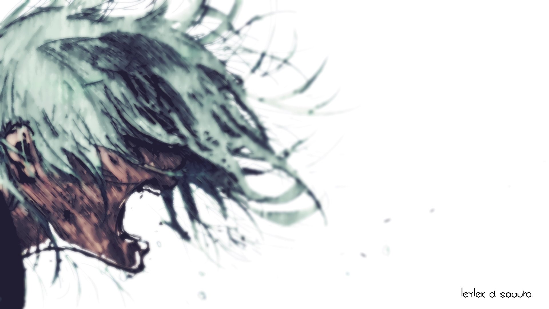 4K Ultra HD anime wallpaper of Juuzou Suzuya from Tokyo Ghoul, featuring dynamic, abstract brush strokes and a dramatic side profile on a white background.