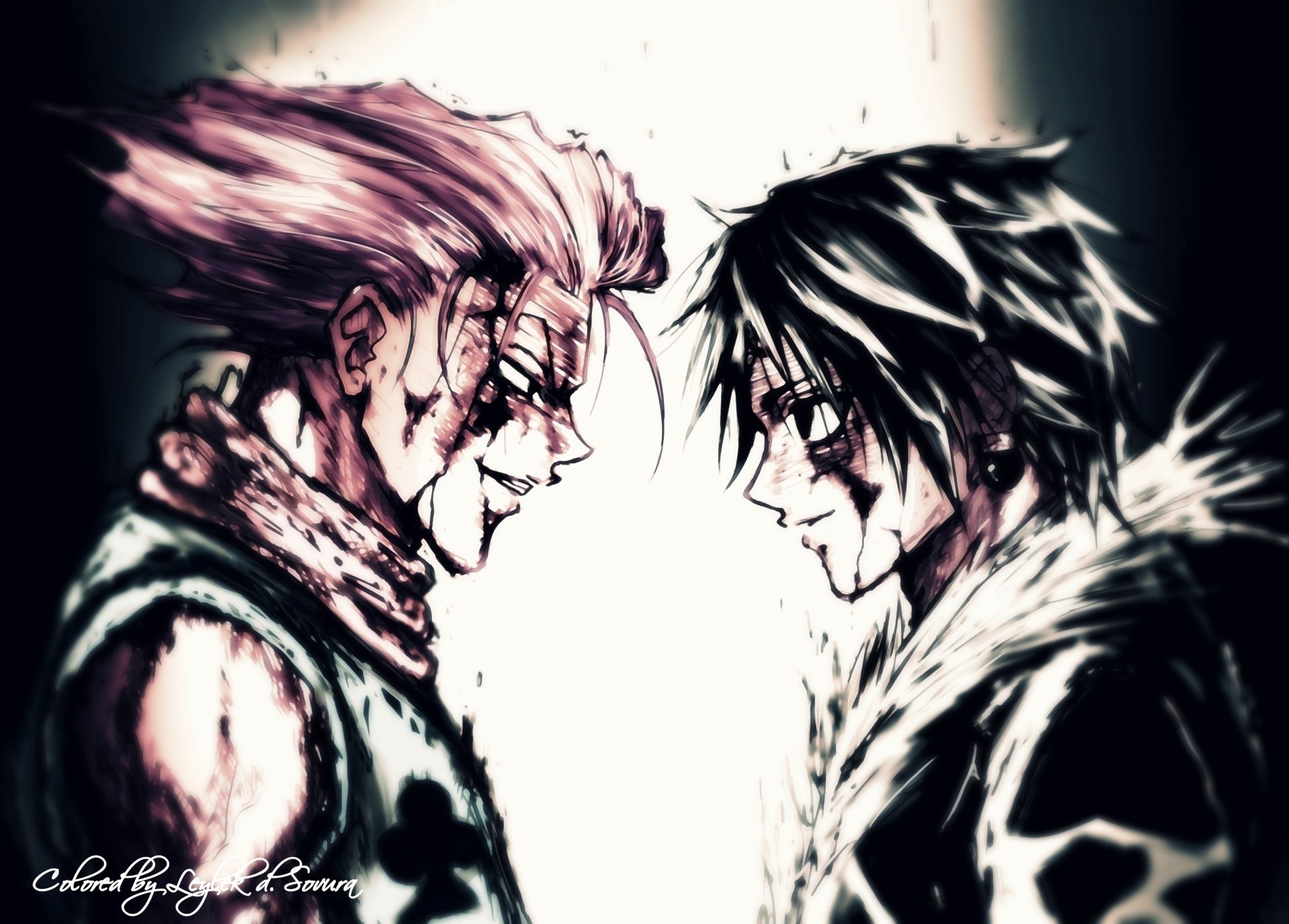 HD desktop wallpaper of Chrollo Lucilfer and Hisoka from Hunter × Hunter anime, featuring an intense face-off between the characters.