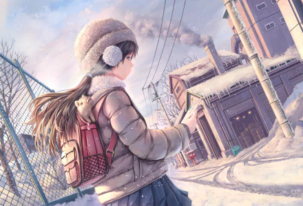 Anime-style HD desktop wallpaper of a girl with long black hair, blue eyes, wearing a hat and earmuffs, carrying a bag, walking in snowy streets with a pig nearby.
