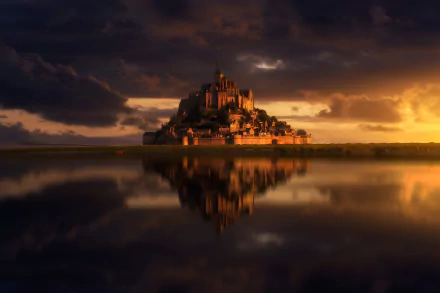 HD desktop wallpaper of Mont Saint-Michel, France: a glowing religious medieval monastery at sunset mirrored in calm tidal waters, dramatic clouds and warm golden light.