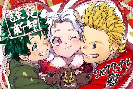 HD desktop wallpaper featuring Izuku Midoriya, Eri, and Mirio Togata from My Hero Academia, with festive background elements.