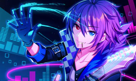 HD PC desktop wallpaper/background: anime Kaito (Vocaloid) with heterochromia—one red eye, one blue—grinning with guitar amid neon cyber-grid and musical visualizers.