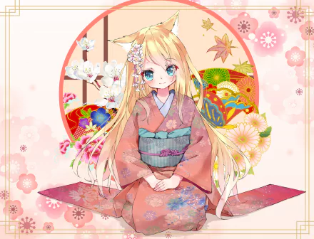 Anime-style HD desktop wallpaper of a blonde, long-haired geisha with blue eyes wearing a pink kimono, set against a floral and traditional Japanese backdrop.