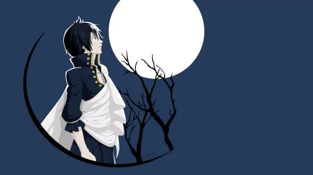 HD PC desktop wallpaper featuring Zeref Dragneel from the anime Fairy Tail, standing near a barren tree under a large full moon against a dark blue background.