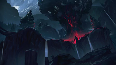 HD fantasy wallpaper depicting a dark landscape with an ominous glowing red tree at the center, surrounded by rugged cliffs and mist-covered pine trees under a stormy sky.