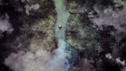 HD PC desktop wallpaper from the anime Dororo, featuring a lone figure walking along a misty, forested path surrounded by dark, dense foliage.