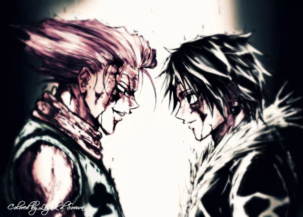 HD desktop wallpaper of Chrollo Lucilfer and Hisoka from Hunter × Hunter anime, featuring an intense face-off between the characters.