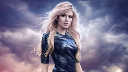Portrait of American actress Katherine McNamara with long blonde hair and striking blue eyes, featured in a 4K Ultra HD desktop wallpaper background.