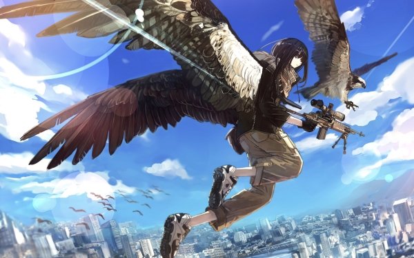 Anime Original City Bird Gun Wings Short Hair Black Hair Brown Eyes HD Wallpaper | Background Image