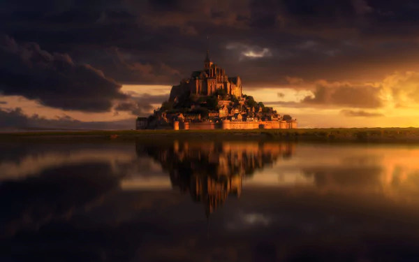 HD desktop wallpaper of Mont Saint-Michel, France: a glowing religious medieval monastery at sunset mirrored in calm tidal waters, dramatic clouds and warm golden light.