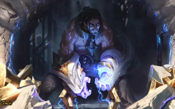 4K Ultra HD desktop wallpaper featuring Sylas from League of Legends, depicted with glowing magic in a dark, mystical environment from the video game.