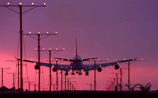 HD wallpaper of a plane landing at twilight, silhouetted against a vibrant pink sky, with runway lights in the foreground.