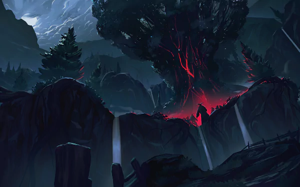 HD fantasy wallpaper depicting a dark landscape with an ominous glowing red tree at the center, surrounded by rugged cliffs and mist-covered pine trees under a stormy sky.
