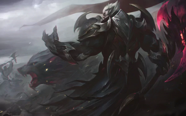 HD desktop wallpaper of Darius from the video game League of Legends, featuring an ominous and dark atmosphere with Darius wielding an axe, ready for battle.
