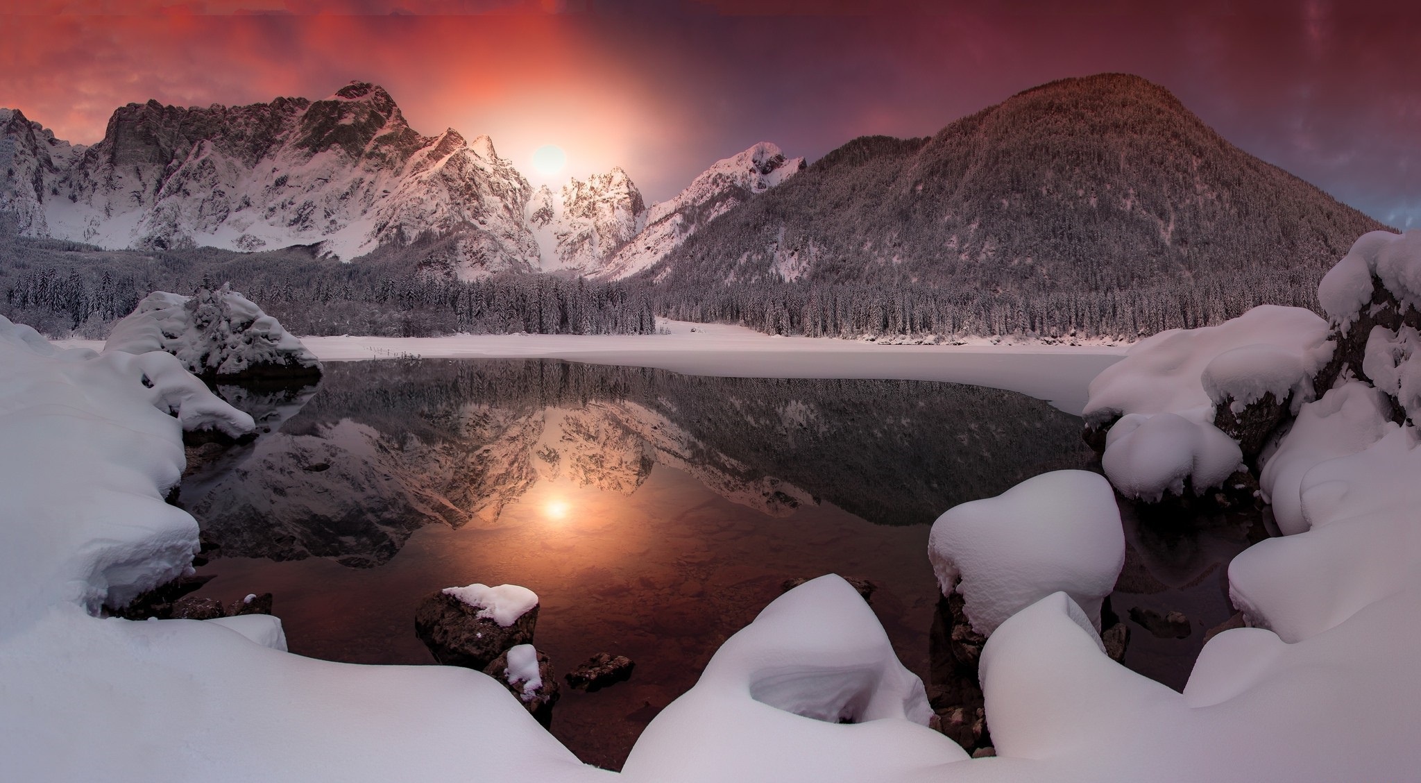 Download Sunrise Mountain Snow Reflection Lake Nature Winter HD Wallpaper