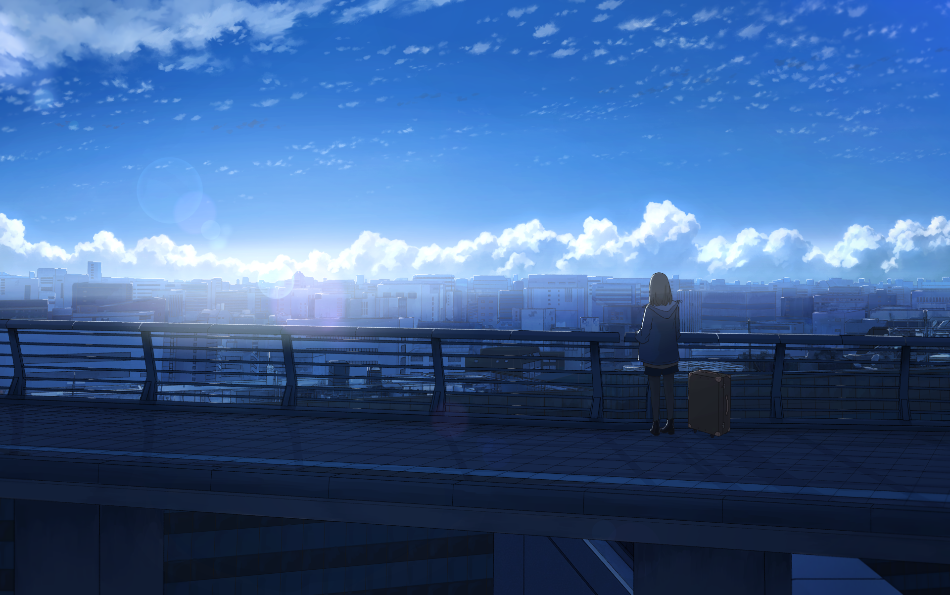 Anime-style HD desktop wallpaper depicting a blonde-haired woman overlooking a cityscape from a bridge during a clear day.
