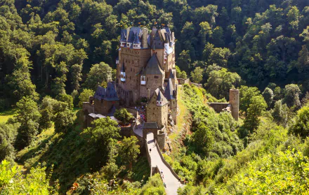 Stunning view of Eltz Castle in Germany, nestled among lush greenery, showcasing its intricate architecture against a backdrop of dense forest. Beautiful HD wallpaper.