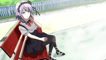 Anime character Shidare Hotaru relaxes on a red bench, sporting a bow, purple hair, and blue eyes. She's dressed in a skirt, pantyhose, and high heels against a serene background.