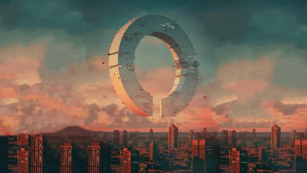 Futuristic sci-fi cityscape with towering buildings and a massive circular spaceship hovering above, set against a dramatic sky in this HD PC desktop wallpaper.