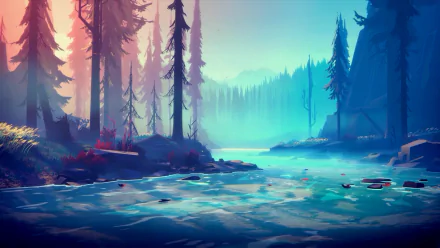Among Trees video game 2K Quad HD PC desktop wallpaper and background: stylized pine forest at sunrise, misty turquoise lake with soft reflections and distant mountains.