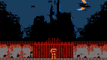 NES-style HD PC desktop wallpaper: 8-bit castle silhouette at night with crescent moon and bats, a red barred gate and a lone pixelated hero in front.