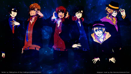 HD PC desktop wallpaper of Uta no Prince-sama anime: six stylish male idols in colorful outfits posed against a starry, blue cosmic background.